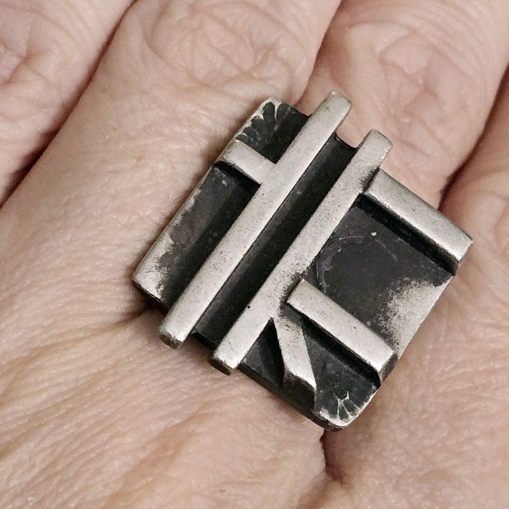 Vintage Midcentury Modernism Silver Ring Artisan Modern Cuboids Unique